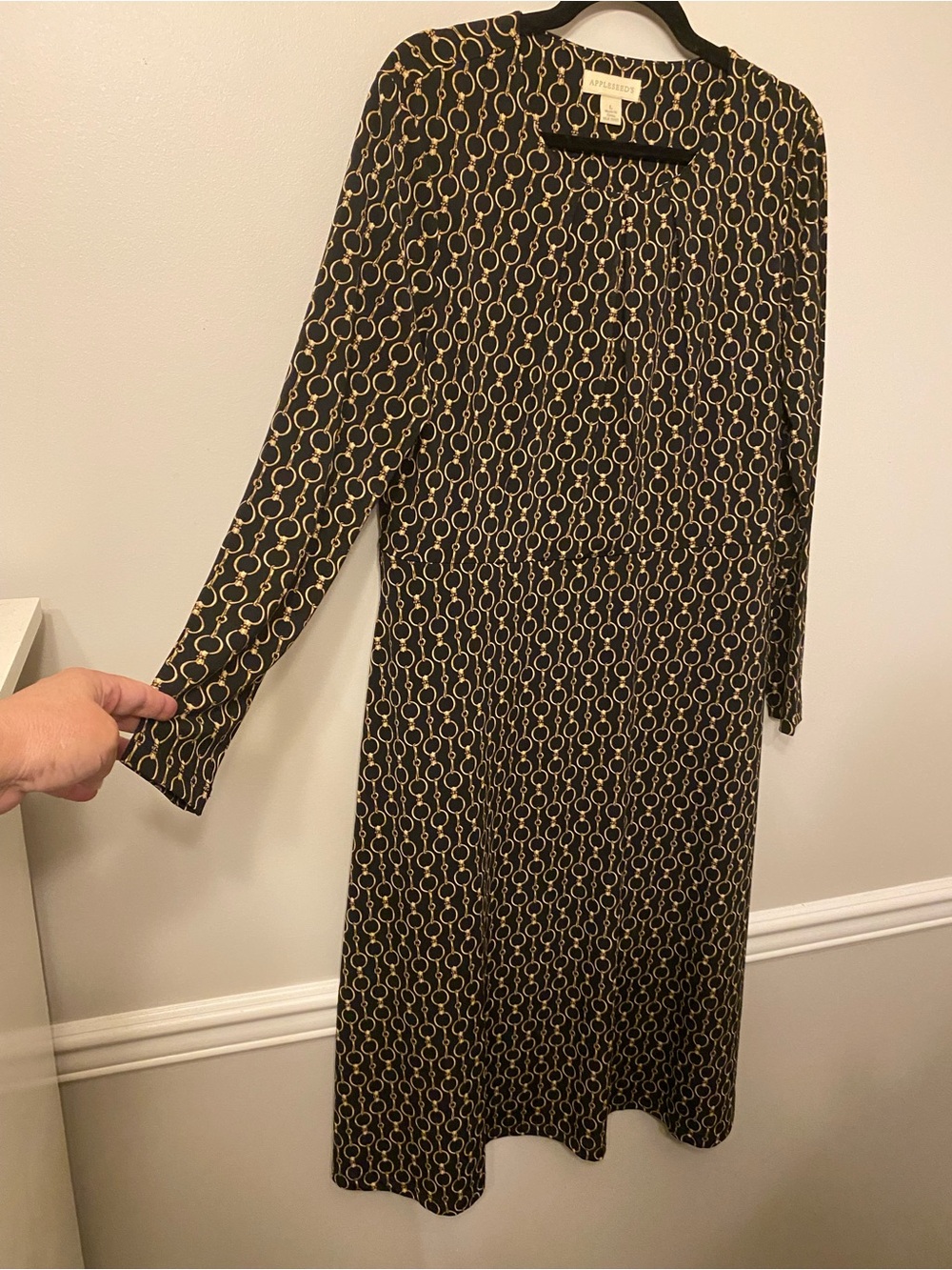 Appleseed's Black Dress with Gold Chain Print - Long Sleeve
